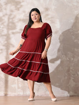 Deep Rust Rayon Dress with White Contrast Lace & Flowy Silhouette