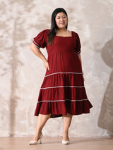 Deep Rust Rayon Dress with White Contrast Lace & Flowy Silhouette