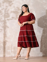 Deep Rust Rayon Dress with White Contrast Lace & Flowy Silhouette