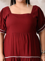 Deep Rust Rayon Dress with White Contrast Lace & Flowy Silhouette