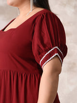 Deep Rust Rayon Dress with White Contrast Lace & Flowy Silhouette