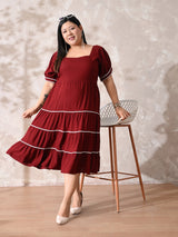 Deep Rust Rayon Dress with White Contrast Lace & Flowy Silhouette