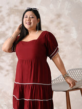 Deep Rust Rayon Dress with White Contrast Lace & Flowy Silhouette