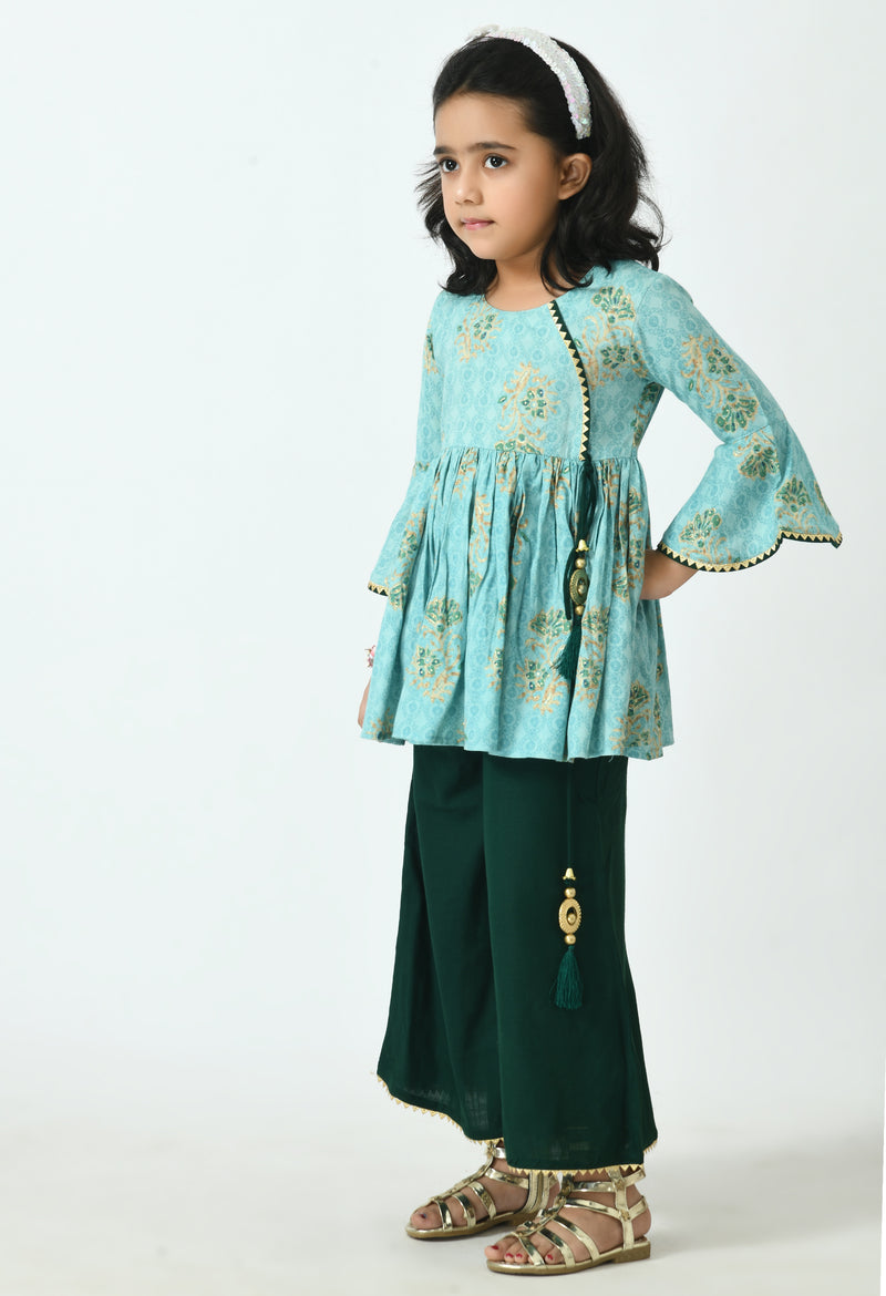 Girls Blue Floral Printed Kurti with Palazzos & With Dupatta