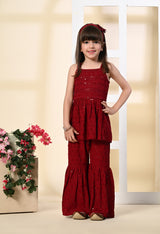 Girls Peplum Embroidered Maroon Rayon Garara Set