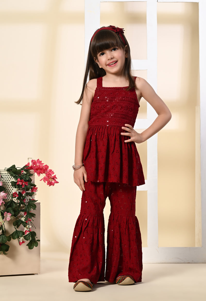 Girls Peplum Embroidered Maroon Rayon Garara Set