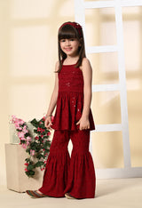 Girls Peplum Embroidered Maroon Rayon Garara Set