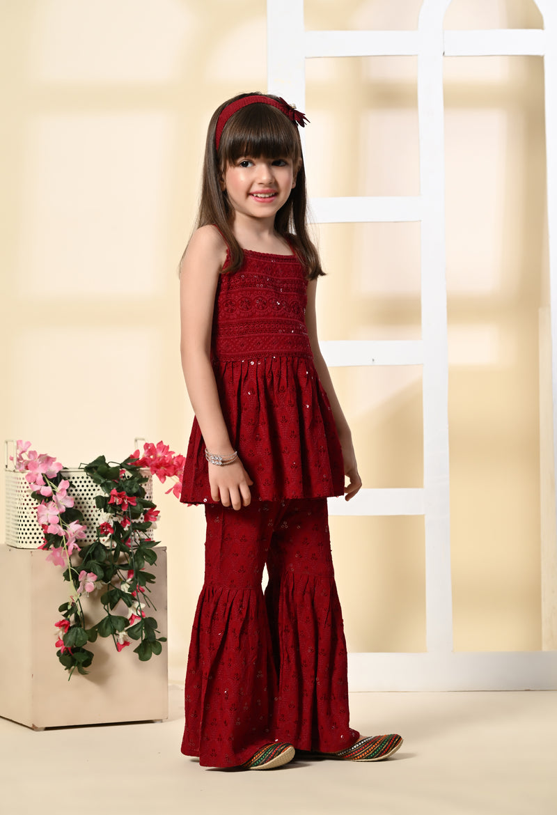 Girls Peplum Embroidered Maroon Rayon Garara Set