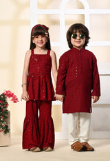 Boys Embroidered Maroon Rayon Kurta Pant Set