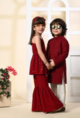 Boys Embroidered Maroon Rayon Kurta Pant Set