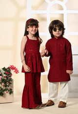 Boys Embroidered Maroon Rayon Kurta Pant Set