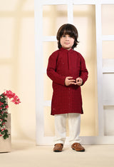 Boys Embroidered Maroon Rayon Kurta Pant Set