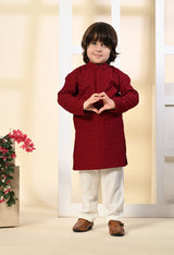 Boys Embroidered Maroon Rayon Kurta Pant Set