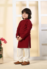 Boys Embroidered Maroon Rayon Kurta Pant Set