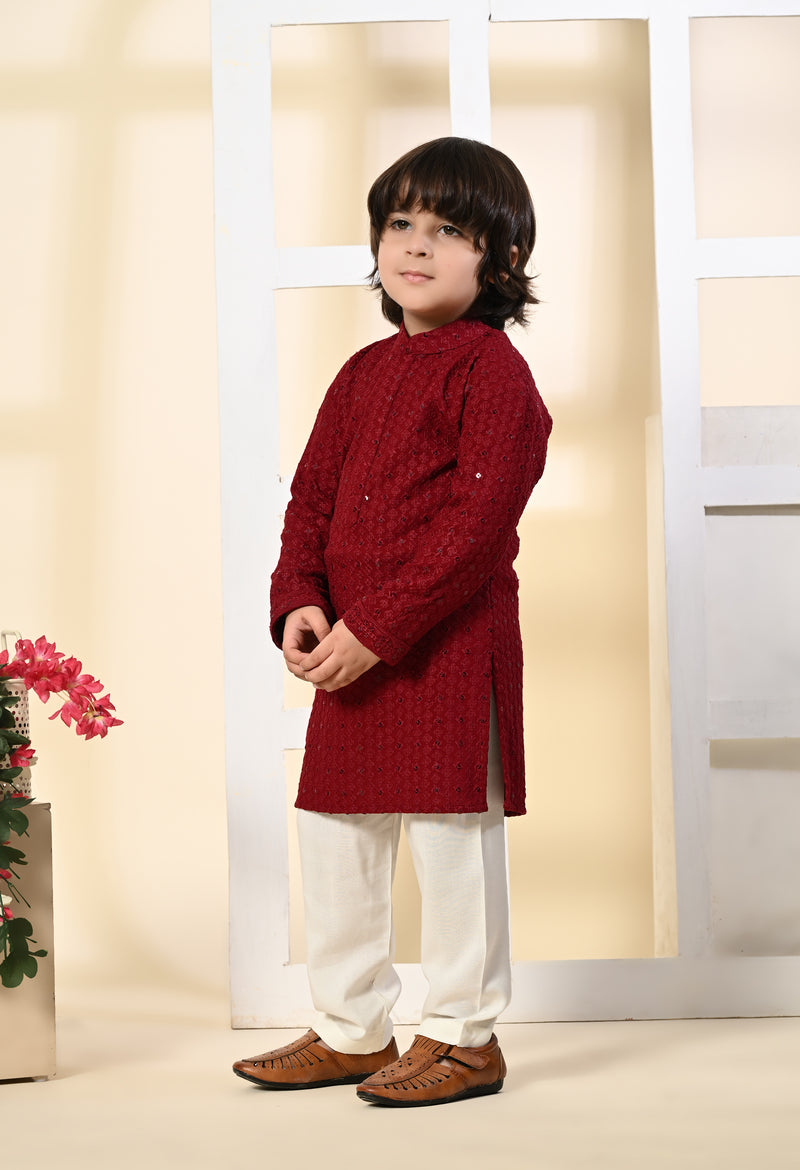 Boys Embroidered Maroon Rayon Kurta Pant Set