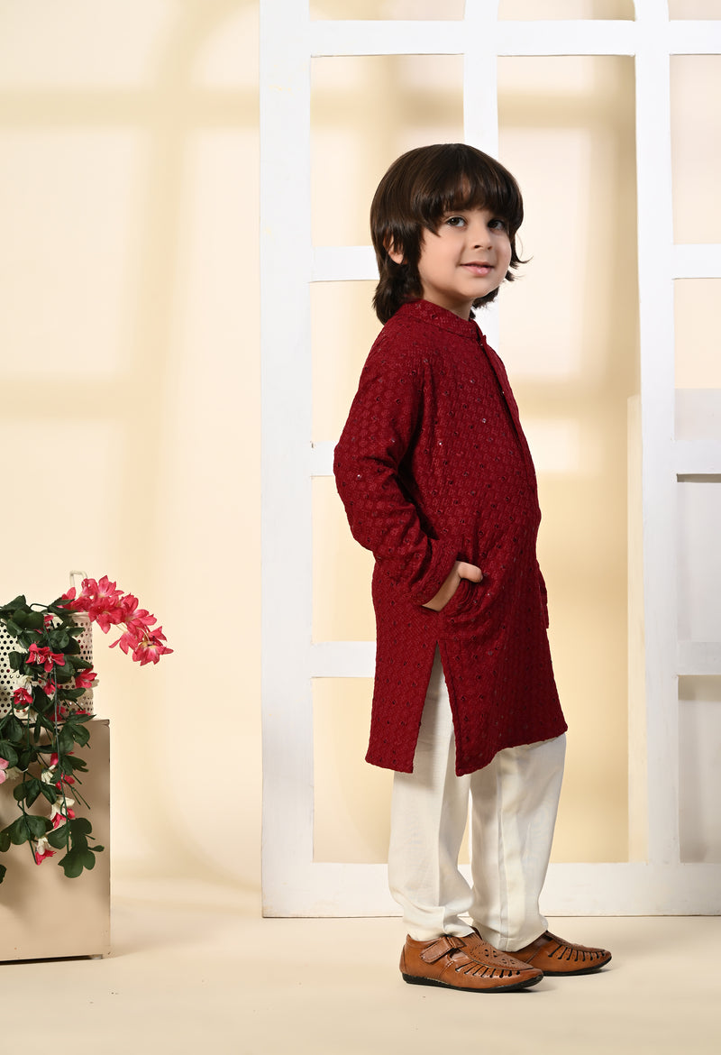 Boys Embroidered Maroon Rayon Kurta Pant Set