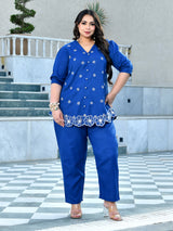 Azure Blue Floral Embroidered Cotton Denim Co-ord Set