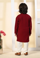 Boys Embroidered Maroon Rayon Kurta Pant Set