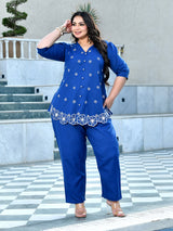 Azure Blue Floral Embroidered Cotton Denim Co-ord Set