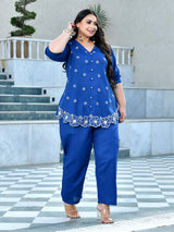Azure Blue Floral Embroidered Cotton Denim Co-ord Set