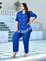 Azure Blue Floral Embroidered Cotton Denim Co-ord Set