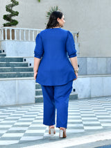 Azure Blue Floral Embroidered Cotton Denim Co-ord Set