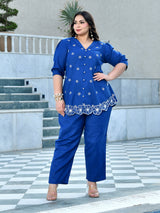 Azure Blue Floral Embroidered Cotton Denim Co-ord Set
