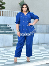 Azure Blue Floral Embroidered Cotton Denim Co-ord Set