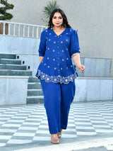 Azure Blue Floral Embroidered Cotton Denim Co-ord Set