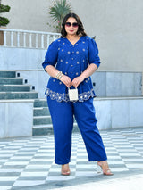 Azure Blue Floral Embroidered Cotton Denim Co-ord Set