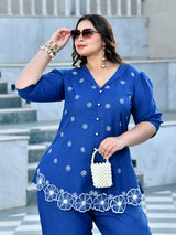 Azure Blue Floral Embroidered Cotton Denim Co-ord Set