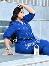 Azure Blue Floral Embroidered Cotton Denim Co-ord Set
