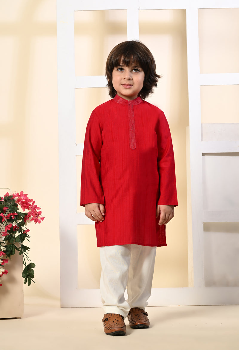 Boys Zari Work Rani Pink Silk Kurta Set