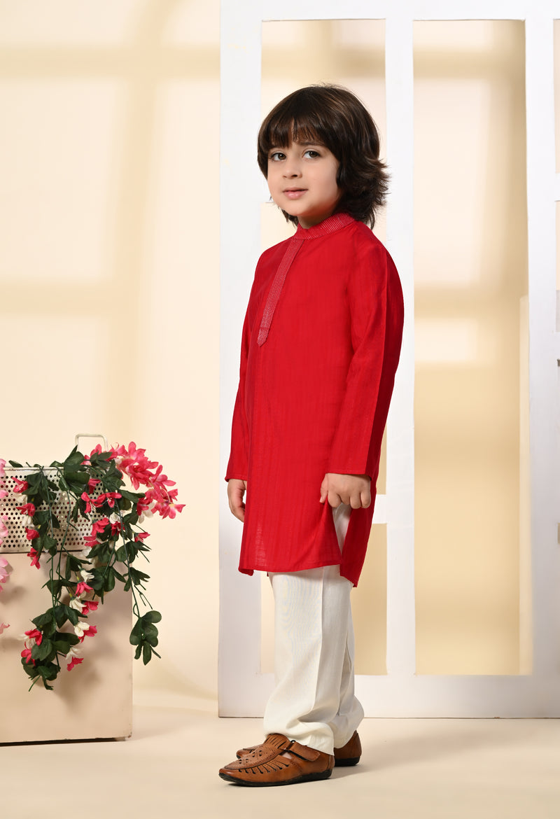 Boys Zari Work Rani Pink Silk Kurta Set