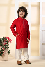 Boys Zari Work Rani Pink Silk Kurta Set