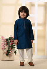 Boys Zari Work Teal Blue Silk Kurta Set