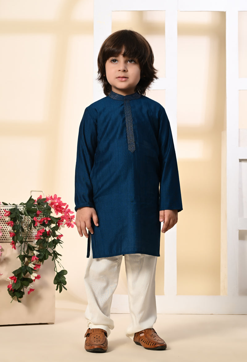 Boys Zari Work Teal Blue Silk Kurta Set