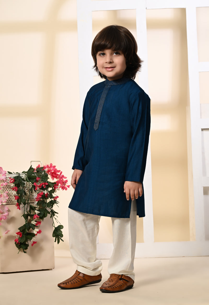 Boys Zari Work Teal Blue Silk Kurta Set