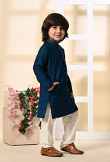 Boys Zari Work Teal Blue Silk Kurta Set