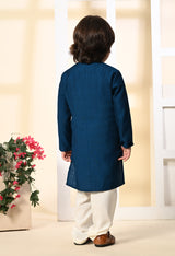 Boys Zari Work Teal Blue Silk Kurta Set