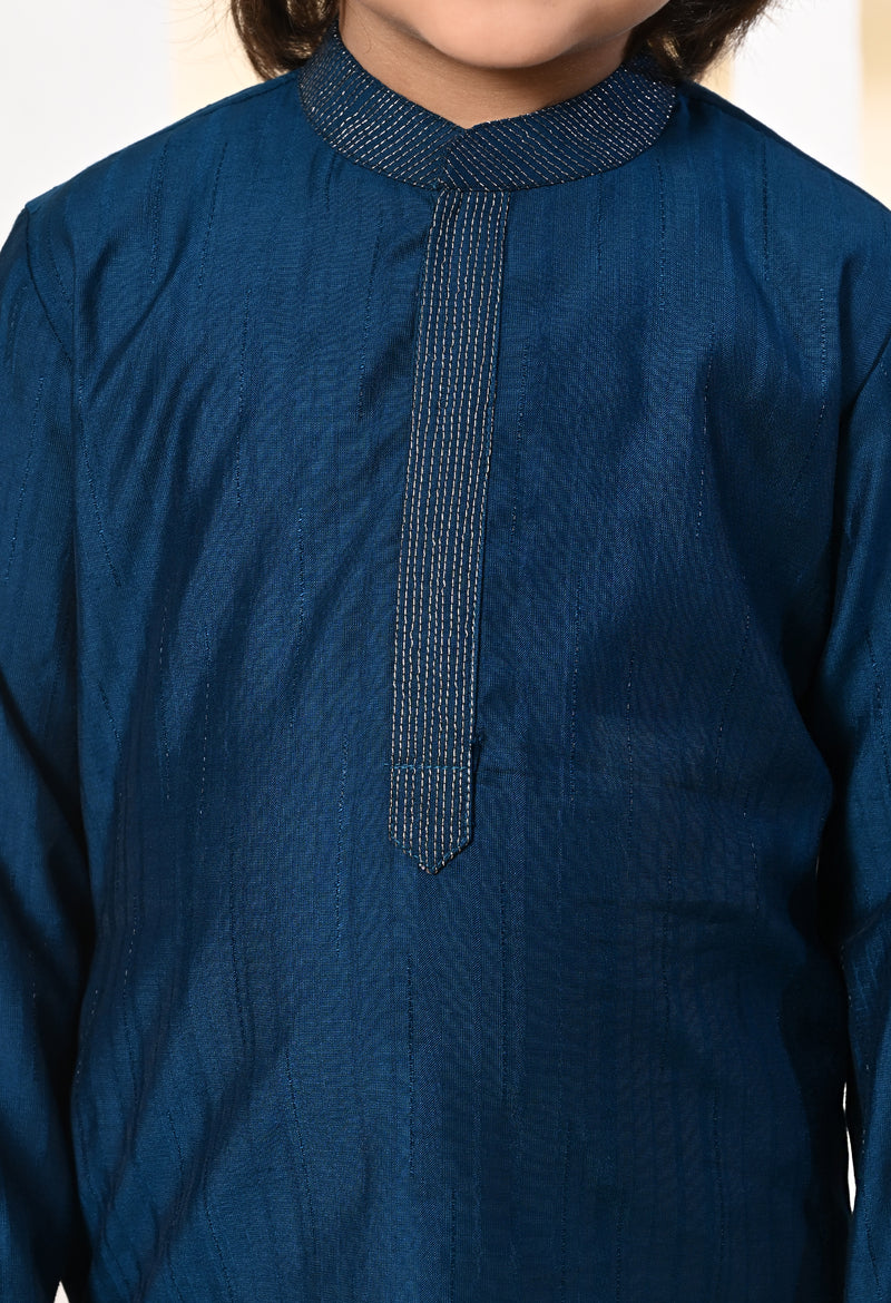 Boys Zari Work Teal Blue Silk Kurta Set