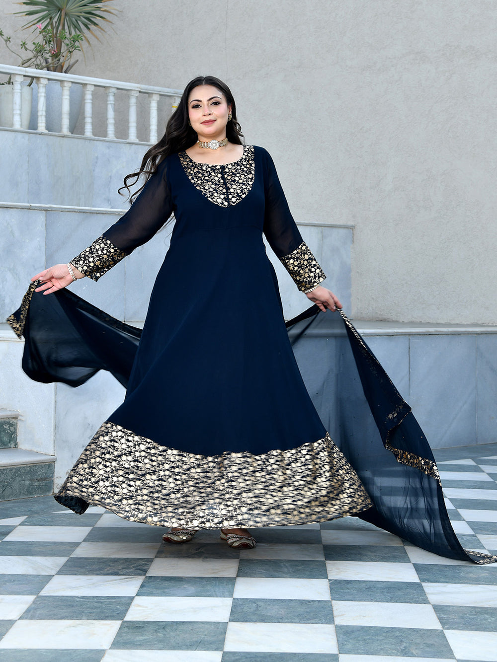 Regal Navy Blue Georgette Anarkali with Dupatta –