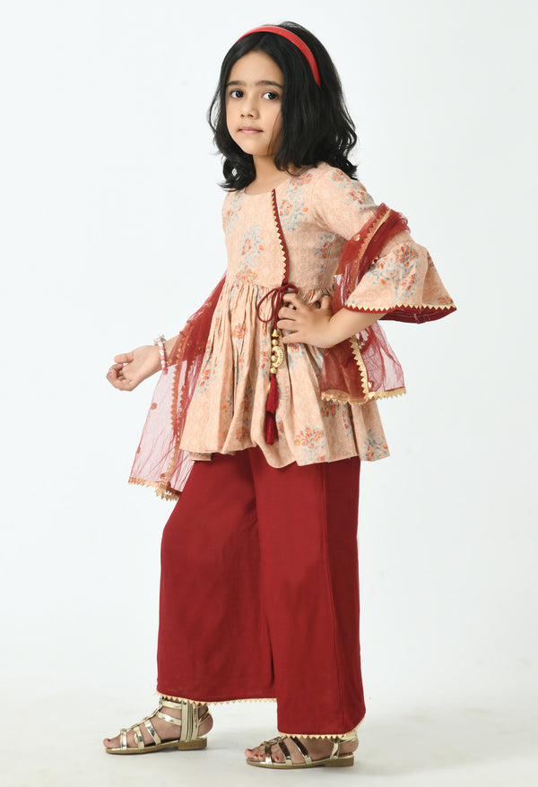 Girls Peach-Coloured Floral Printed Kurti with Palazzos & With Dupatta