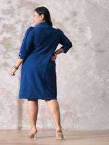 Power Blue Midi Dress with Double-Breasted Button Detail