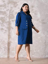 Power Blue Midi Dress with Double-Breasted Button Detail