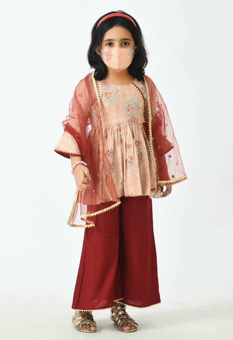 Girls Peach-Coloured Floral Printed Kurti with Palazzos & With Dupatta