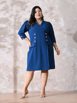 Power Blue Midi Dress with Double-Breasted Button Detail