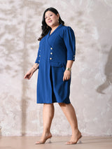 Power Blue Midi Dress with Double-Breasted Button Detail