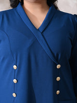 Power Blue Midi Dress with Double-Breasted Button Detail