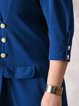 Power Blue Midi Dress with Double-Breasted Button Detail